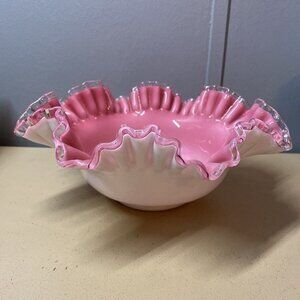 FENTON Art Glass Pink Bride's Bowl Art Glass Pink White Silvercrest Ruffled